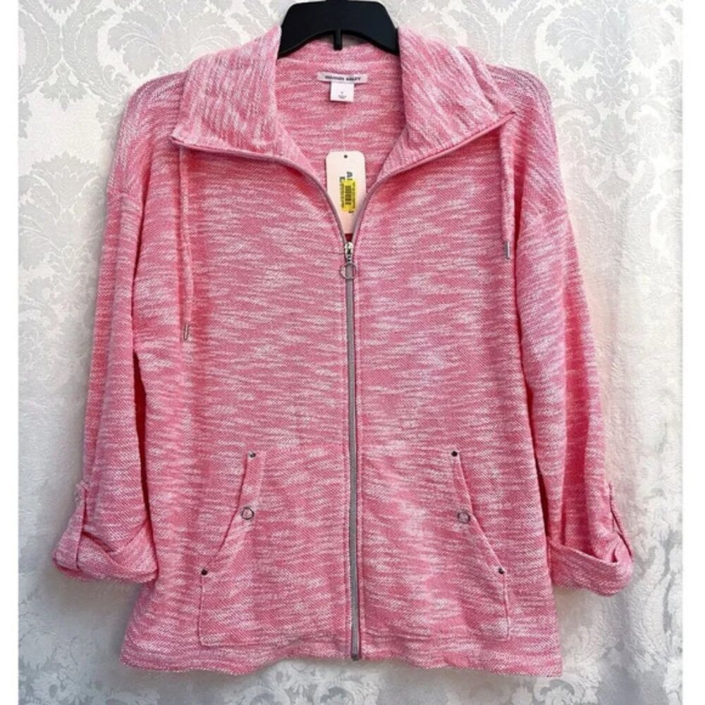 Allison Daley Women’s NWT Pink & White Marble Full Zip Knit Sweater Size L New